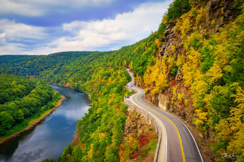 Aerial River Road in Autumn